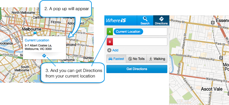 Screenshot: Getting directions from current location