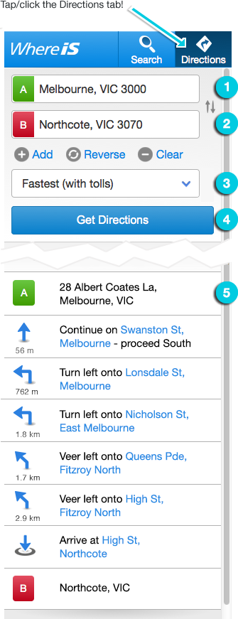 Screenshot: Directions screen